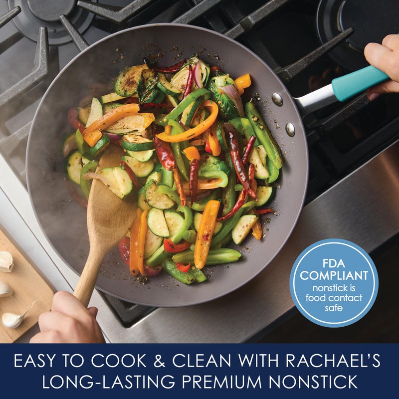 Rachael Ray Cucina Hard-Anodized Nonstick Covered Stir Fry Pan, 11-Inch, Gray, Agave Blue Handles - Image 3